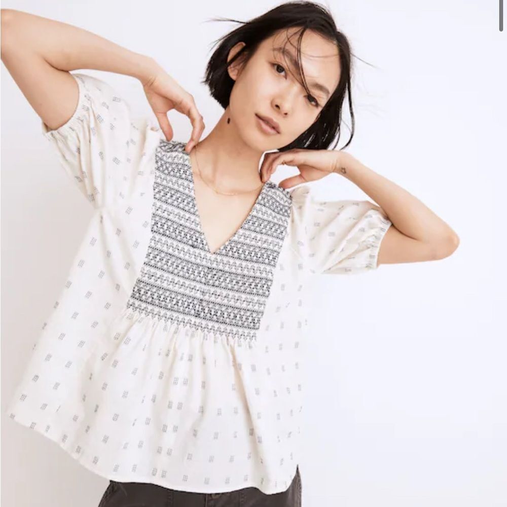 Madewell Embroidered-Yoke Top in Clipdot Boho Shirt Tee Size Large